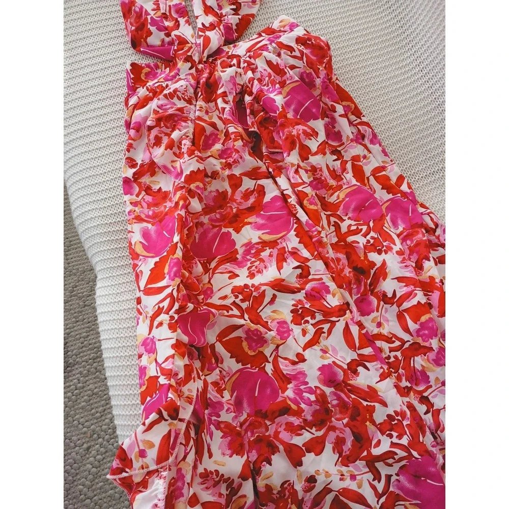 Tropical Floral Halter Maxi‎ Dress Cutout Waist Pink Red Orange Resort W26 S